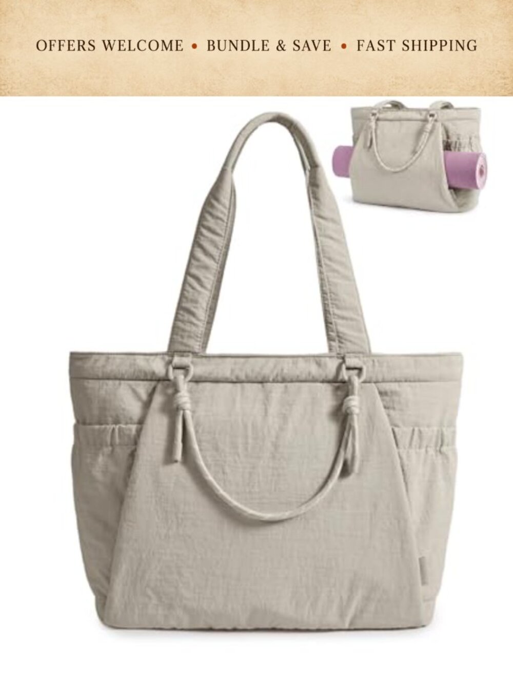 Water-Resistant Tote Bag with Yoga Mat Holder & Knotted Handle Large Travel Gym
